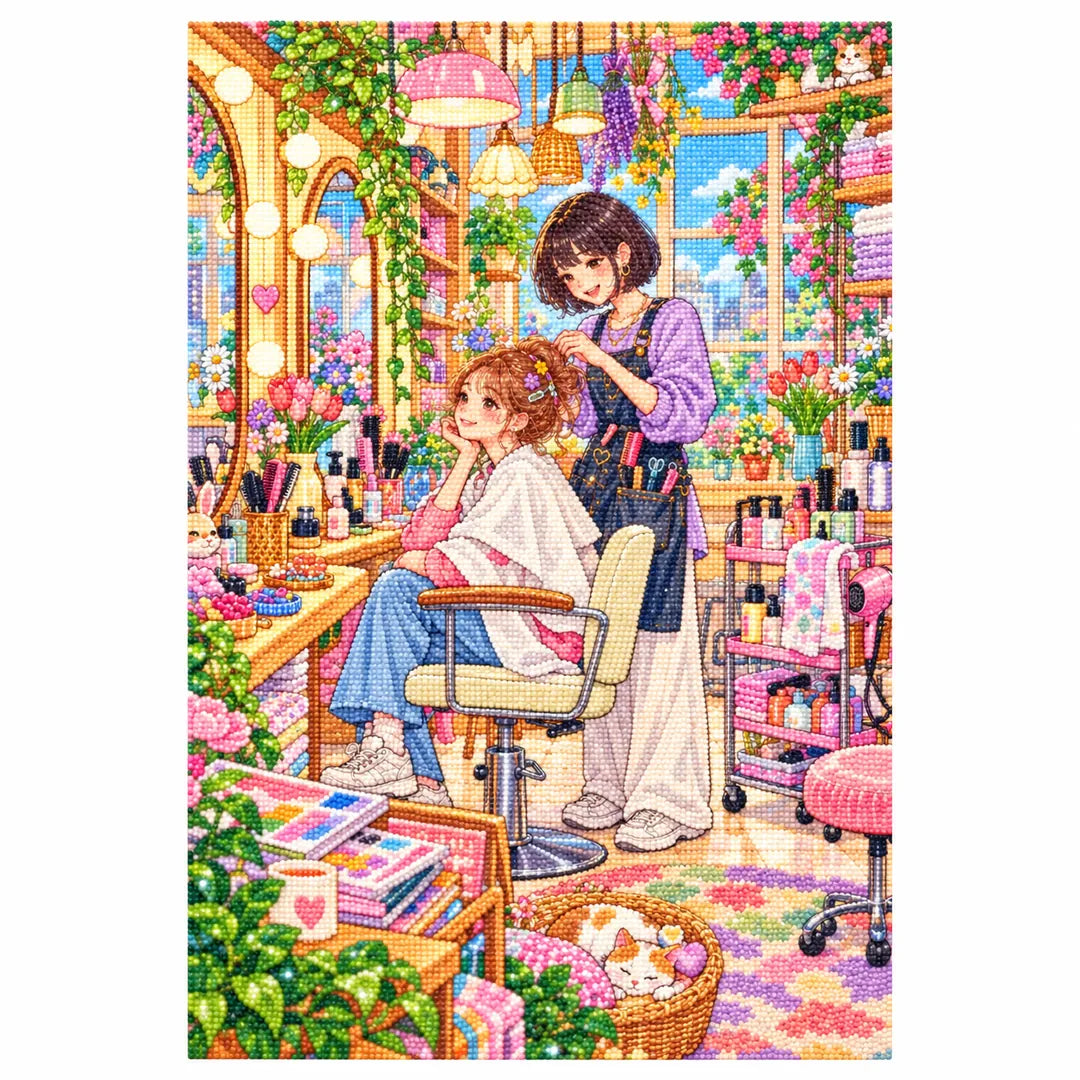 White-background finished diamond painting of a stylist arranging a client's hair in a bright pastel salon with sparkling drills