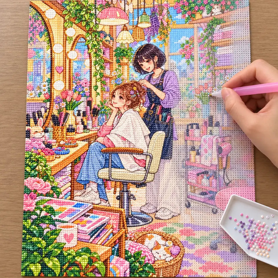 Diamond painting process showing a stylist arranging a client's hair in a bright pastel salon being completed with a stylus