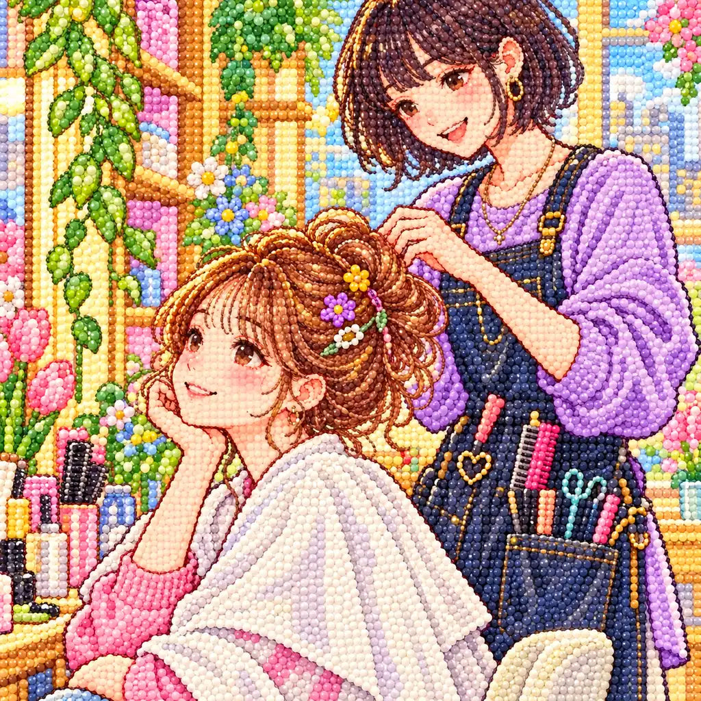 Close-up diamond drill detail of a stylist arranging a client's hair in a bright pastel salon artwork