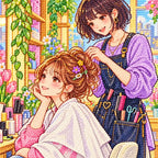 Close-up diamond drill detail of a stylist arranging a client's hair in a bright pastel salon artwork