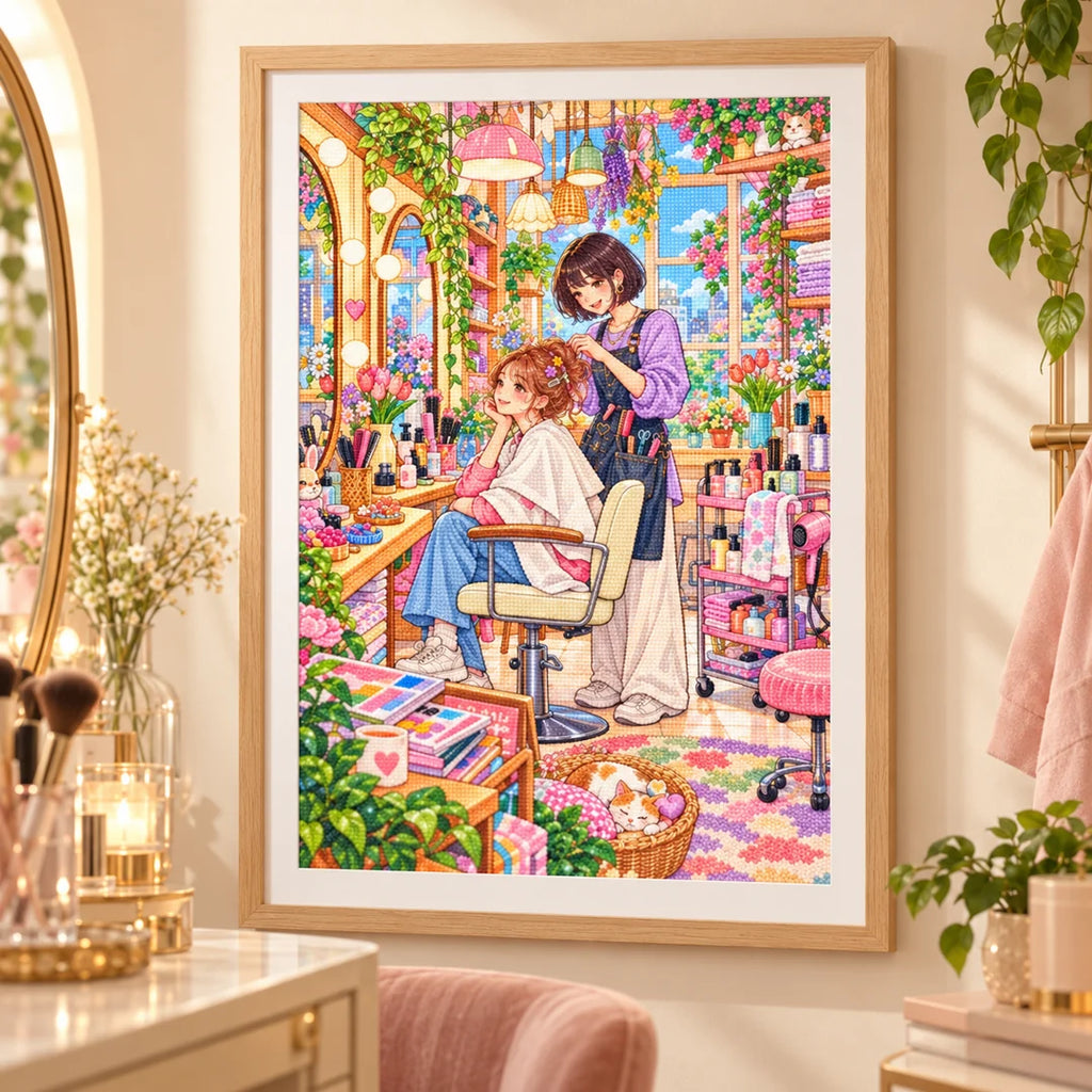 Framed a stylist arranging a client's hair in a bright pastel salon diamond painting displayed as home decor