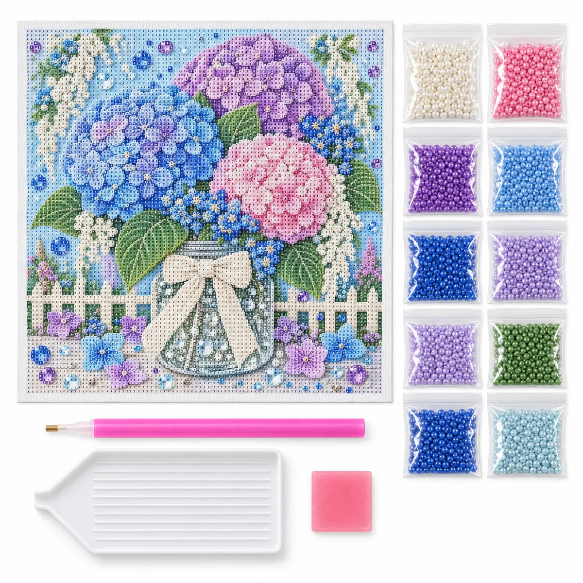 Pastel Hydrangea Jar Pearl Diamond Painting Kit – kit image