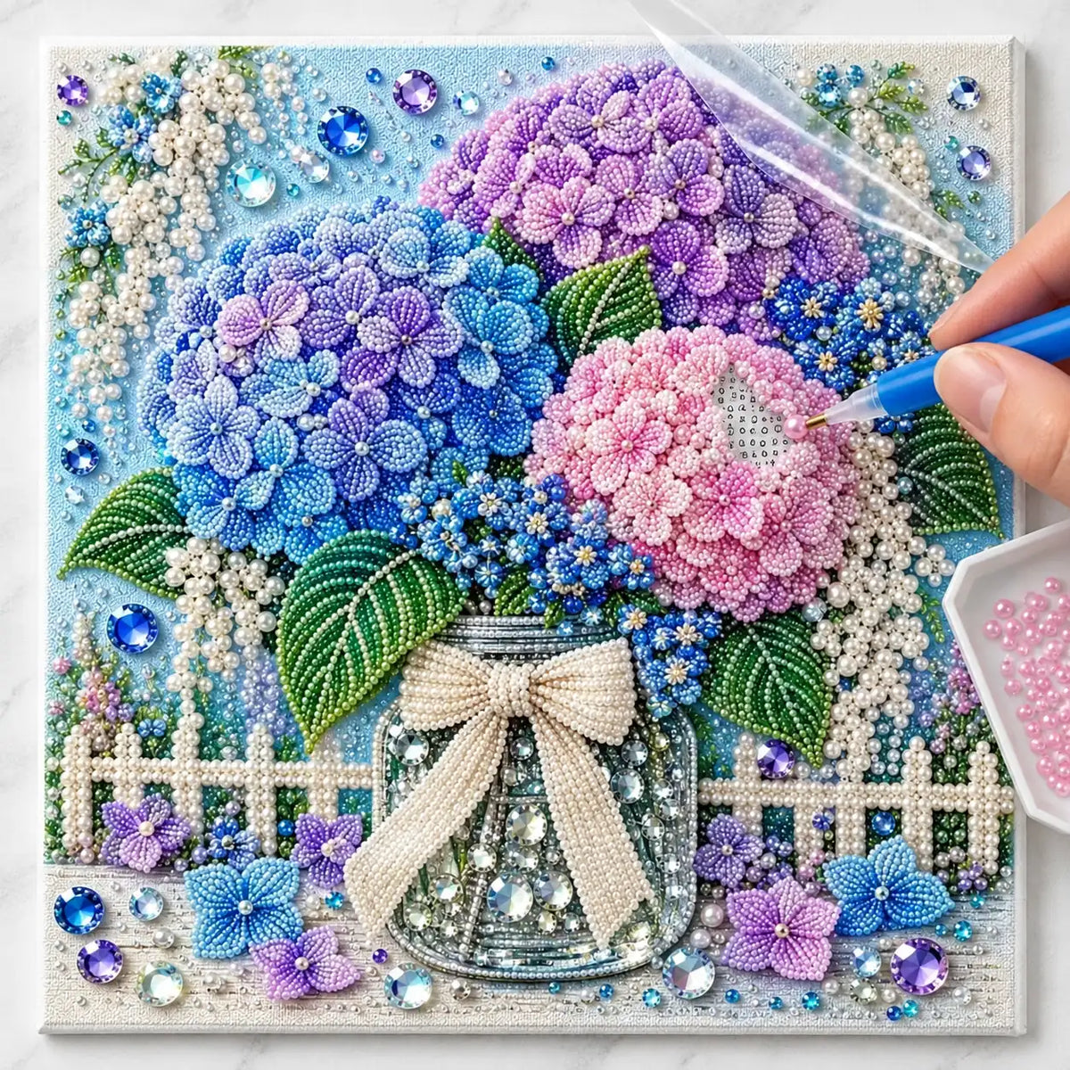Pastel Hydrangea Jar Pearl Diamond Painting Kit – process image