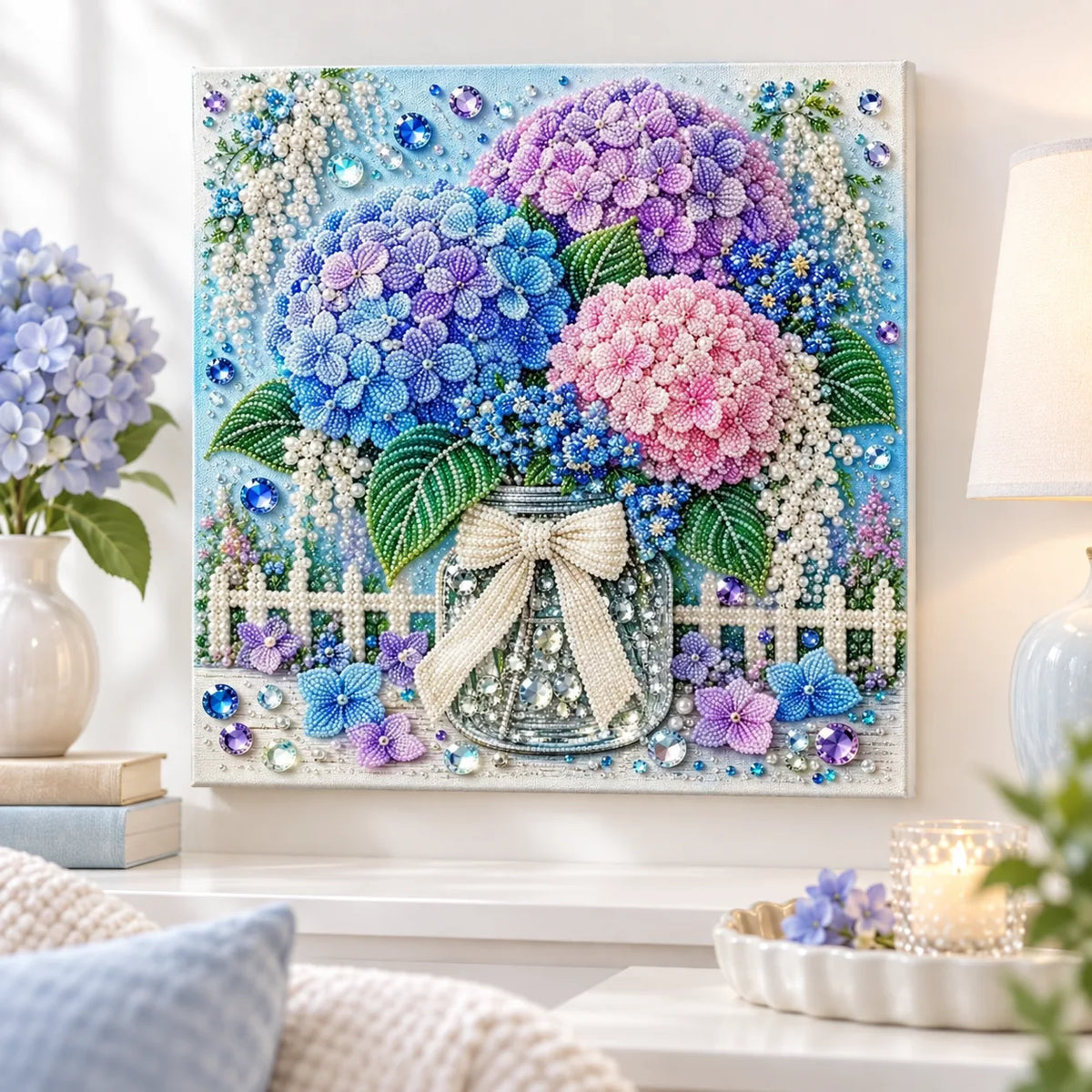 Pastel Hydrangea Jar Pearl Diamond Painting Kit – room image