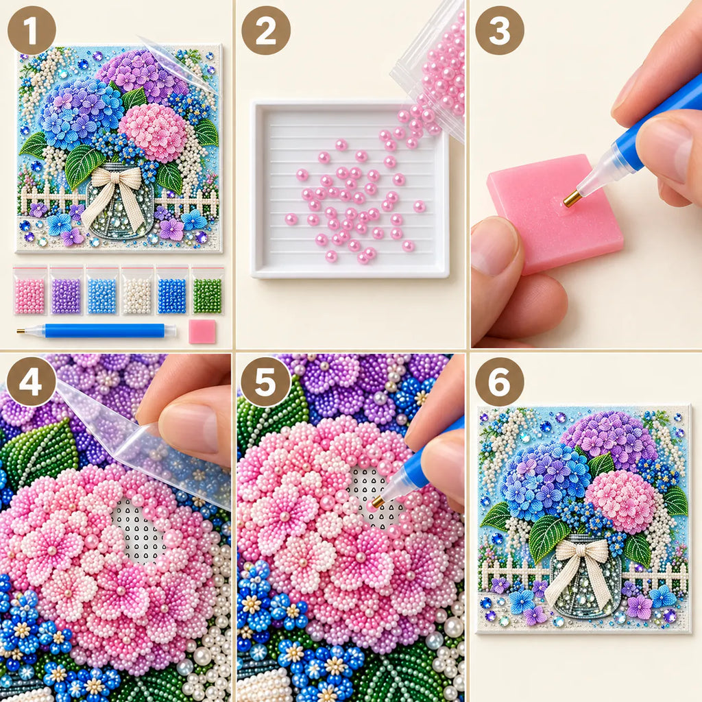 Pastel Hydrangea Jar Pearl Diamond Painting Kit – tutorial image