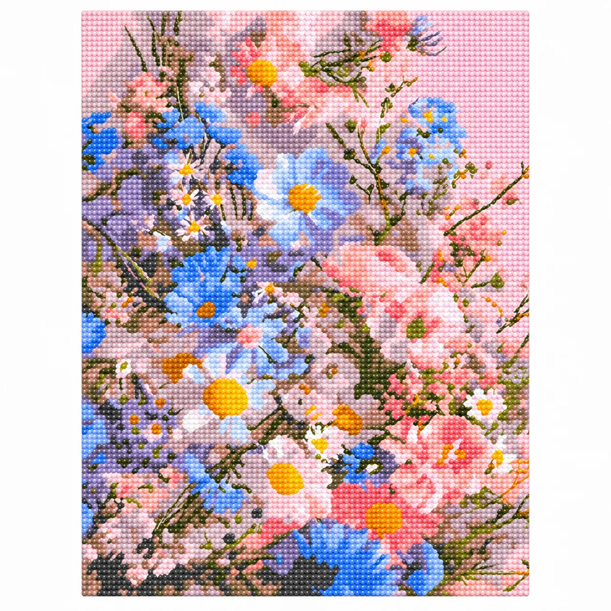 White-background finished diamond painting of Pastel Meadow Blooms