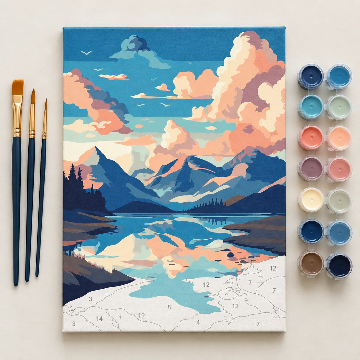 Complete Pastel Mountain Lake numbered canvas being painted with acrylic paints and brushes