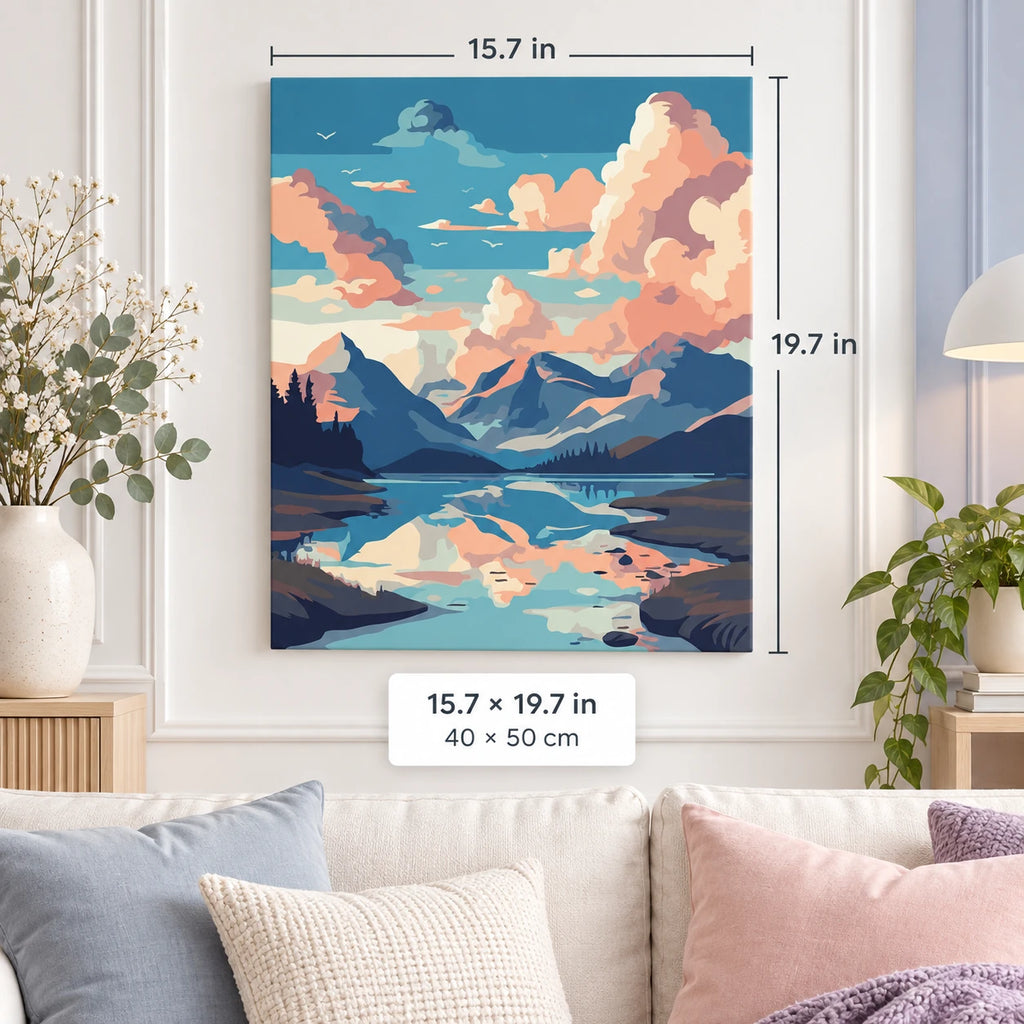 Pastel Mountain Lake shown in a styled room with 15.7 × 19.7 in and 40 × 50 cm dimensions