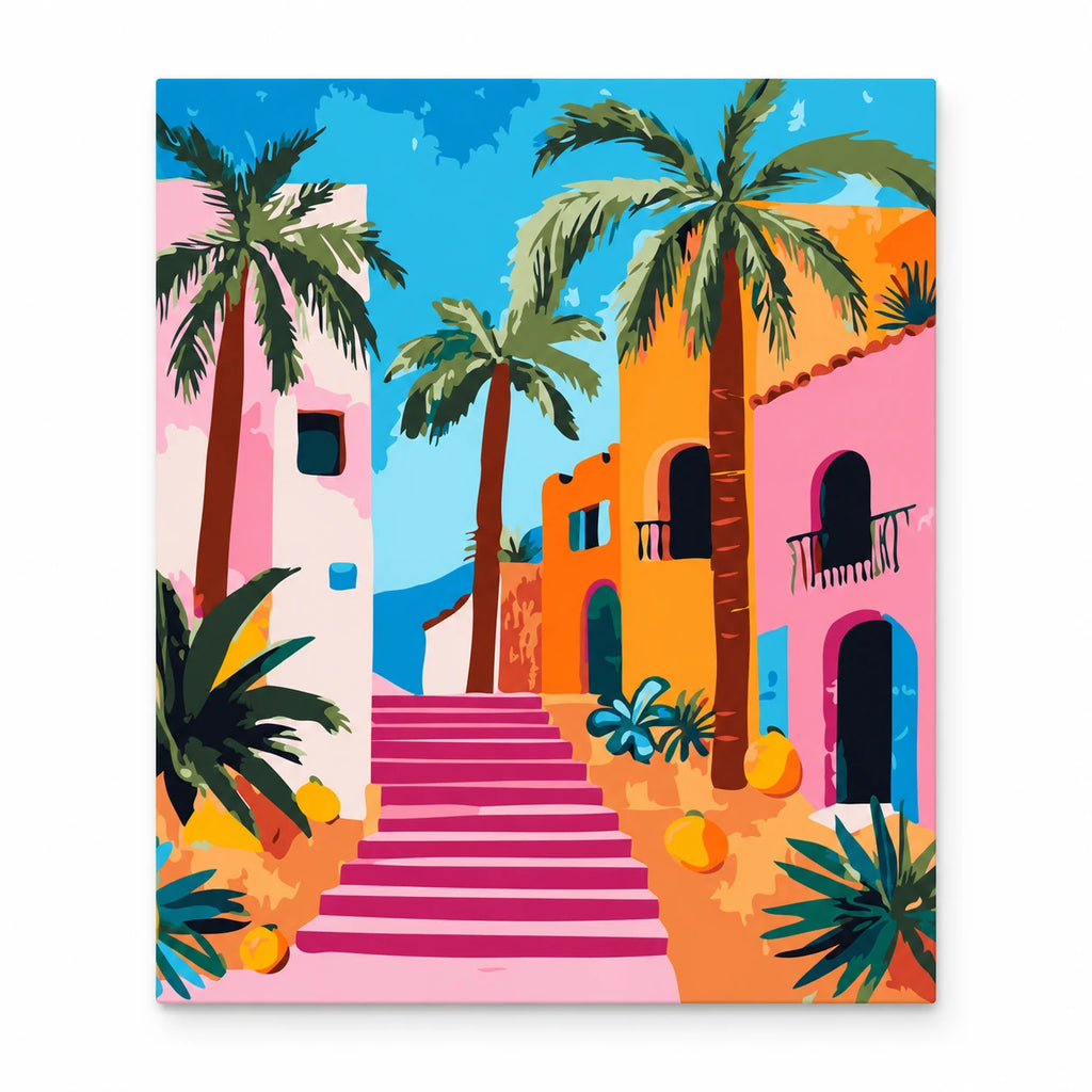 Pastel Palm Courtyard paint by numbers artwork on a front-facing canvas against a white background