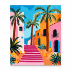 Pastel Palm Courtyard paint by numbers artwork on a front-facing canvas against a white background
