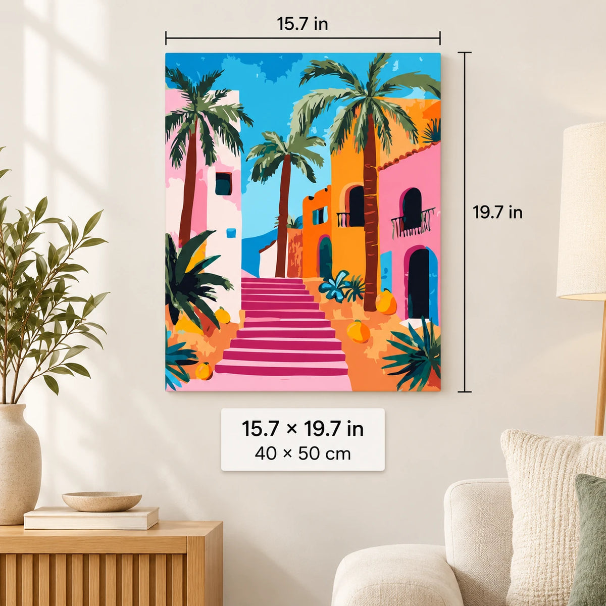 Pastel Palm Courtyard shown in a styled room with 15.7 x 19.7 in and 40 x 50 cm dimensions