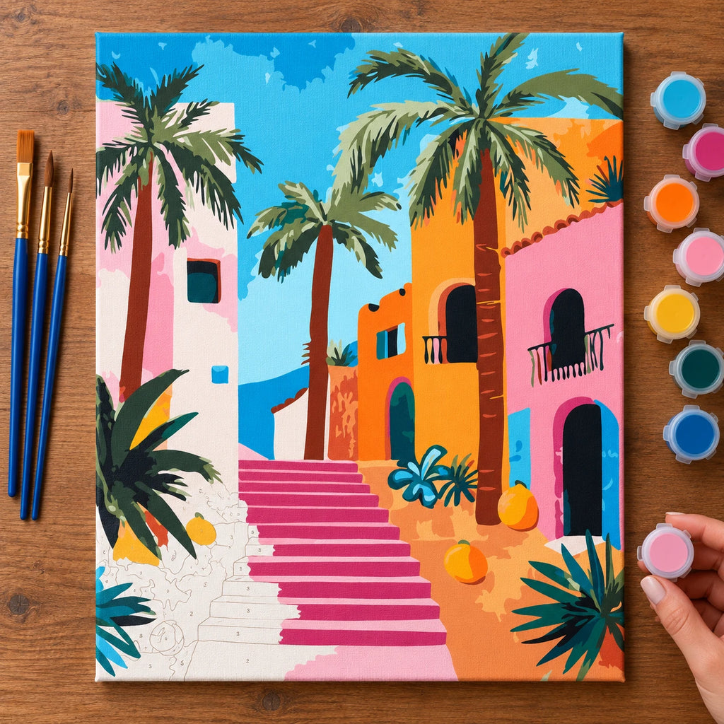 Complete Pastel Palm Courtyard numbered canvas being painted with acrylic paints and brushes