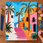 Complete Pastel Palm Courtyard numbered canvas being painted with acrylic paints and brushes