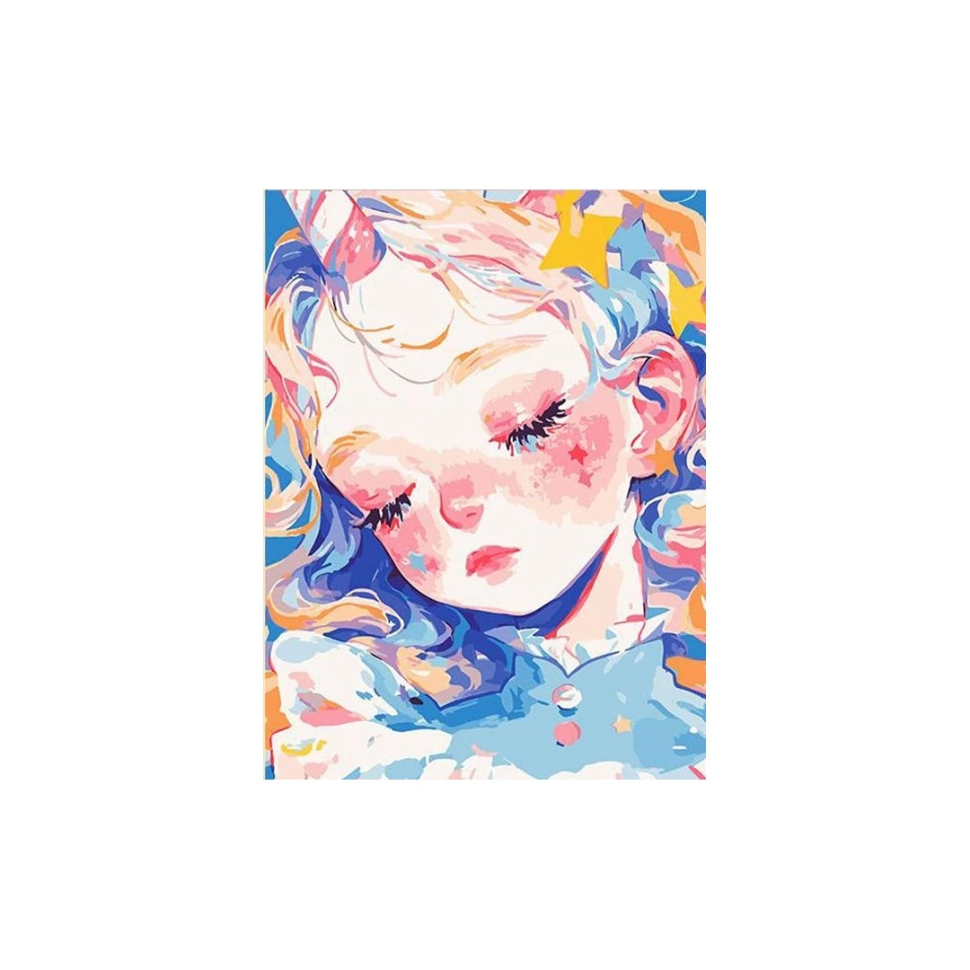White-background original artwork of a sleeping girl with flowing pastel blue, pink, and orange hair