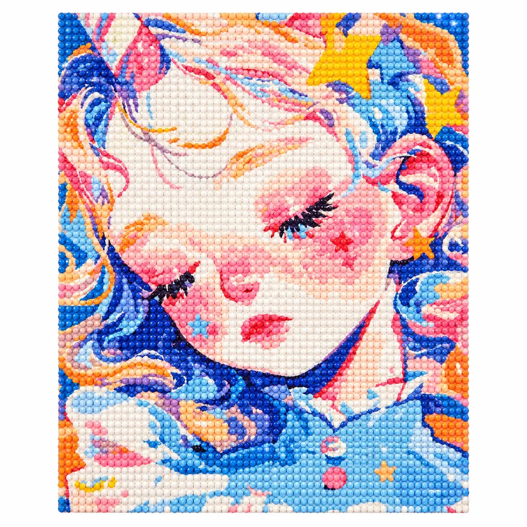 White-background finished diamond painting of a peaceful pastel sleeping girl portrait