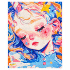 White-background finished diamond painting of a peaceful pastel sleeping girl portrait