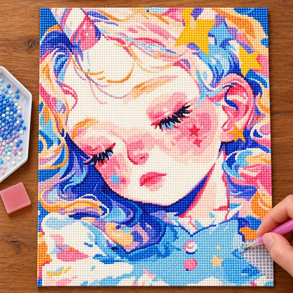 Hands placing drills on the pastel sleeping girl diamond painting canvas