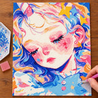Hands placing drills on the pastel sleeping girl diamond painting canvas