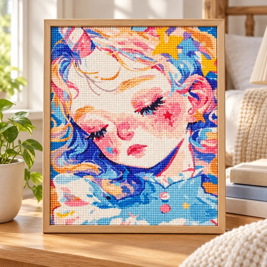 Framed home display of the pastel sleeping girl diamond painting