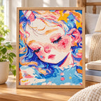Framed home display of the pastel sleeping girl diamond painting