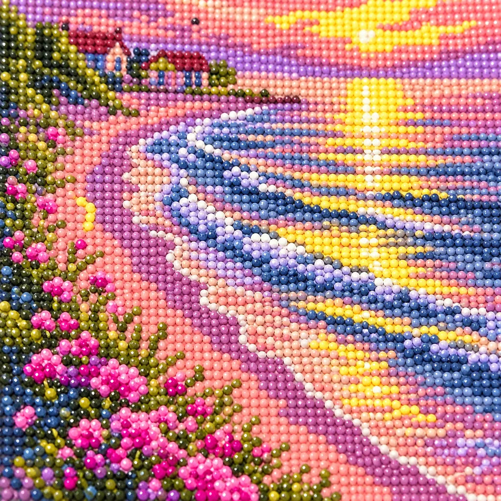 close-up of diamonds in a pink coastal sunset — detail image, diamond painting kit