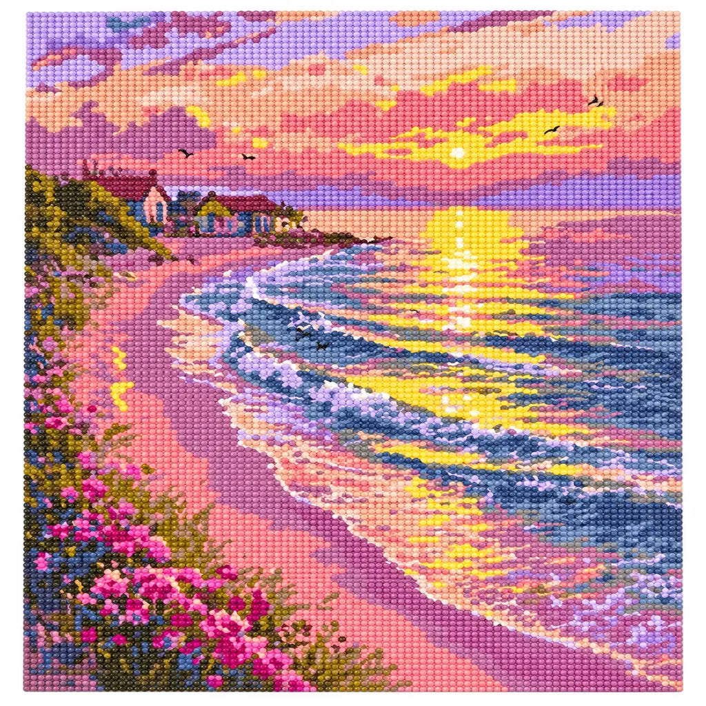 Pastel Sunset Over a Pink Coastal Village — finished image, diamond painting kit
