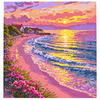Pastel Sunset Over a Pink Coastal Village — finished image, diamond painting kit
