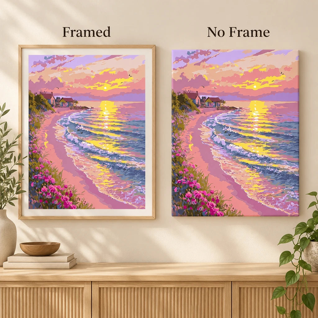 framed and no-frame options for a pink coastal sunset — frame comparison image, diamond painting kit