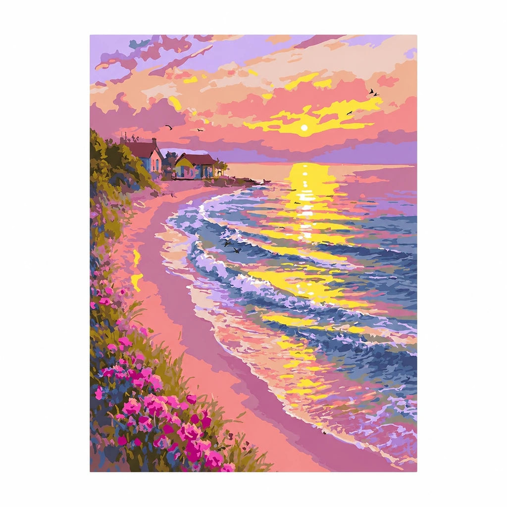 Pastel Sunset Over a Pink Coastal Village — original image, diamond painting kit