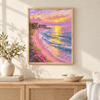 pink coastal sunset diamond painting displayed in a home — scene image, diamond painting kit