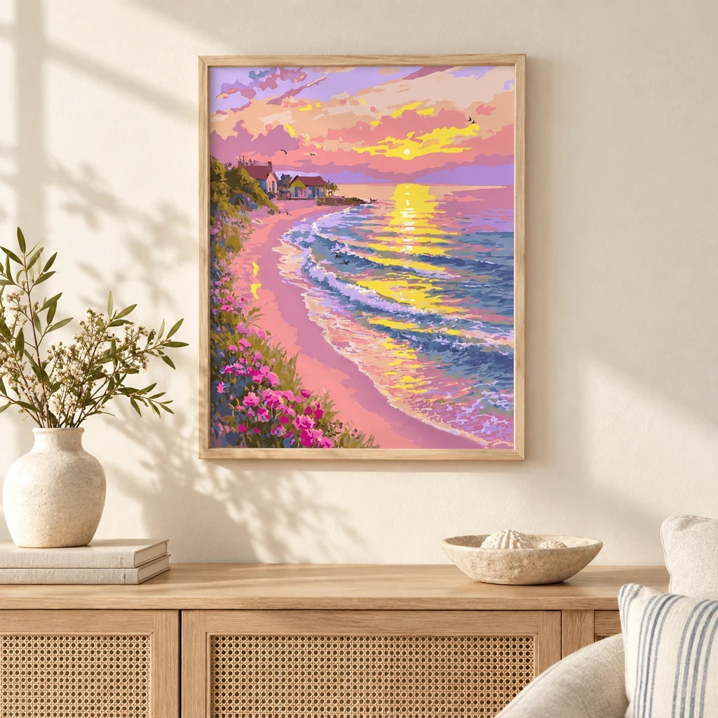 pink coastal sunset diamond painting displayed in a home — scene image, diamond painting kit