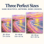 20 × 30 cm, 30 × 40 cm and 40 × 50 cm size options for a pink coastal sunset — sizes image, diamond painting kit