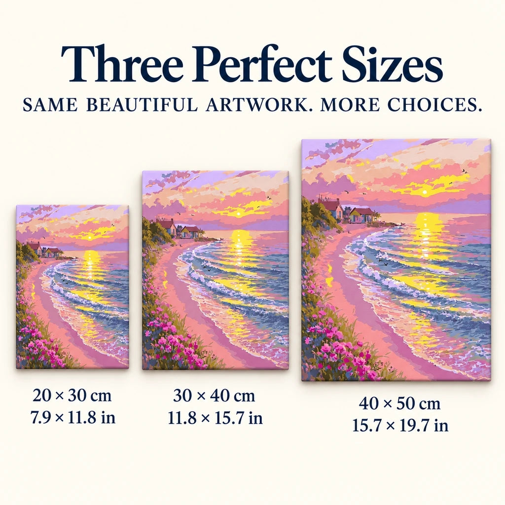 20 × 30 cm, 30 × 40 cm and 40 × 50 cm size options for a pink coastal sunset — sizes image, diamond painting kit