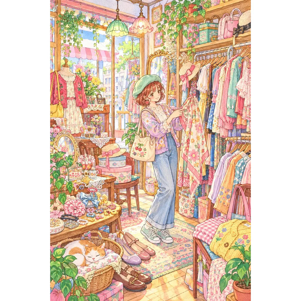 Original white-background artwork of a shopper browsing clothes in a pastel vintage boutique