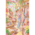 Original white-background artwork of a shopper browsing clothes in a pastel vintage boutique