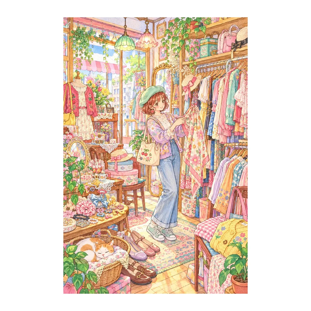 Original white-background artwork of a shopper browsing clothes in a pastel vintage boutique