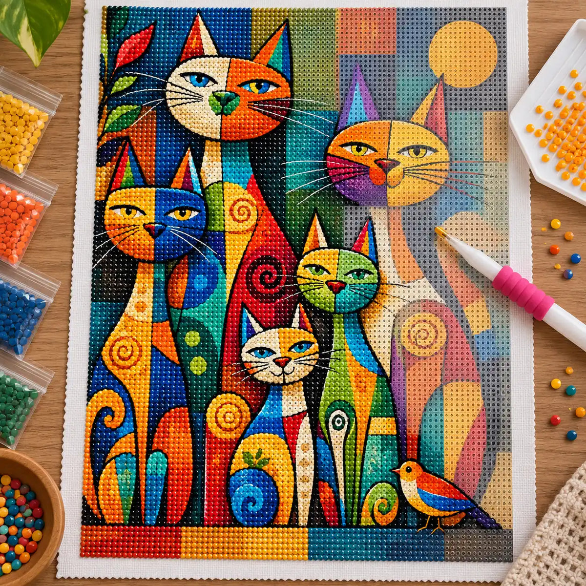 Diamond painting process for Patchwork Cat Gathering Diamond Painting Kit
