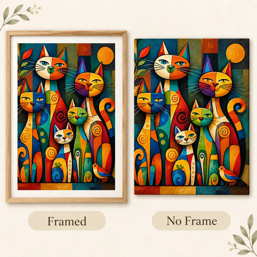 Framed and no-frame comparison for Patchwork Cat Gathering Diamond Painting Kit