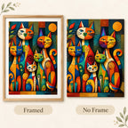 Framed and no-frame comparison for Patchwork Cat Gathering Diamond Painting Kit
