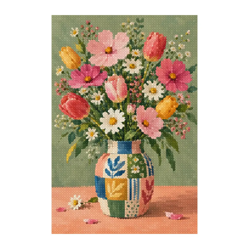 White-background finished diamond painting of patchwork garden vase