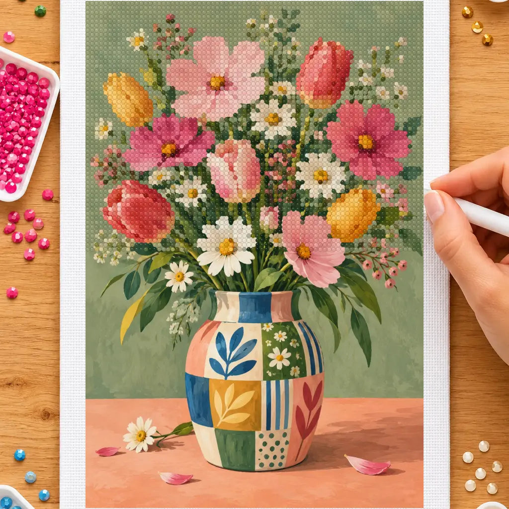 Hands placing drills on the patchwork garden vase diamond painting canvas