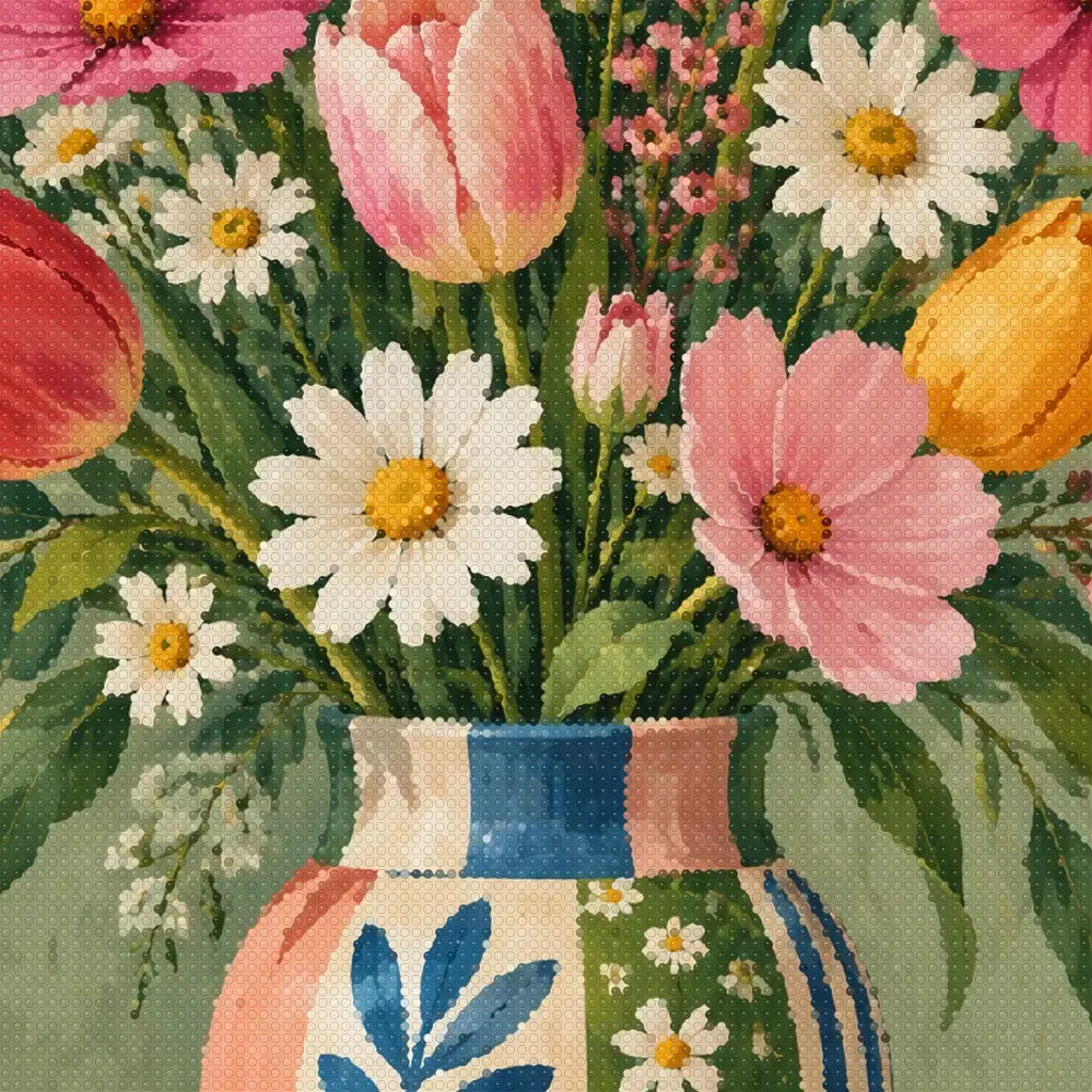 Close-up diamond detail of the patchwork garden vase diamond painting