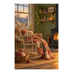 Original white-background artwork of a patchwork rocking chair beside an iron stove