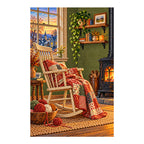 Finished white-background diamond painting of a patchwork rocker and iron stove