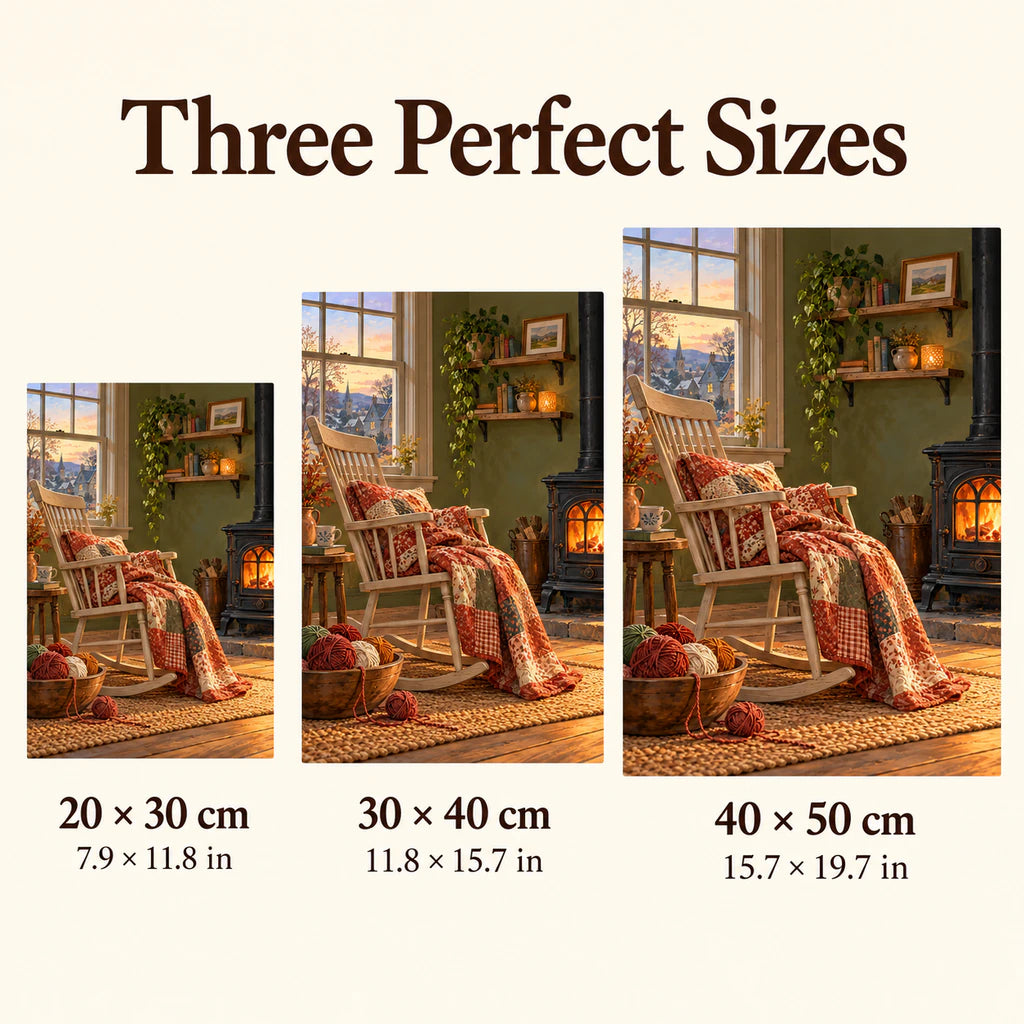 Patchwork rocker diamond painting shown in 20 by 30, 30 by 40, and 40 by 50 centimeter sizes