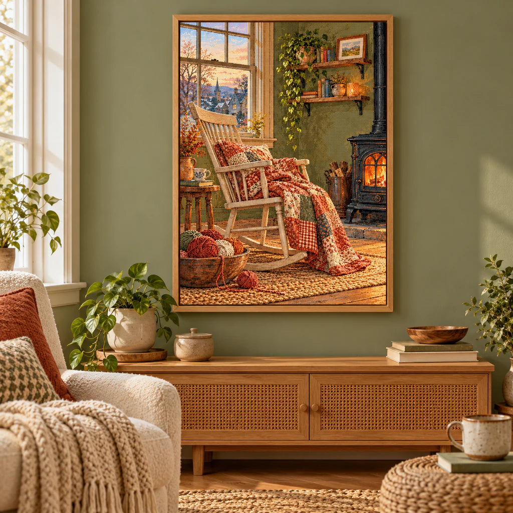 Patchwork rocker diamond painting displayed in a cozy home interior