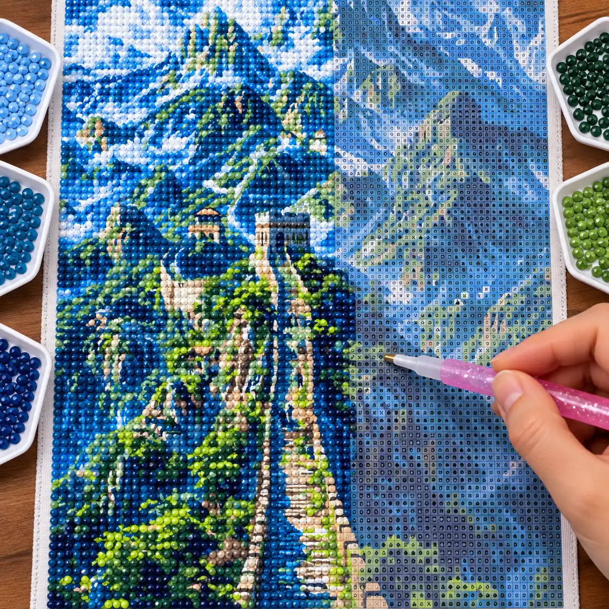 Diamond painting process for Path Through Blue Peaks Diamond Painting Kit