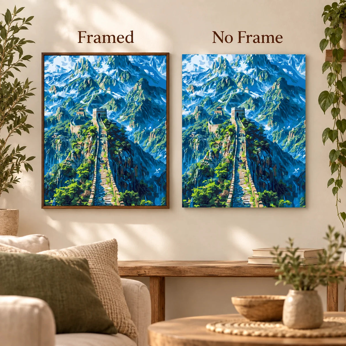 Framed and no-frame comparison for Path Through Blue Peaks Diamond Painting Kit