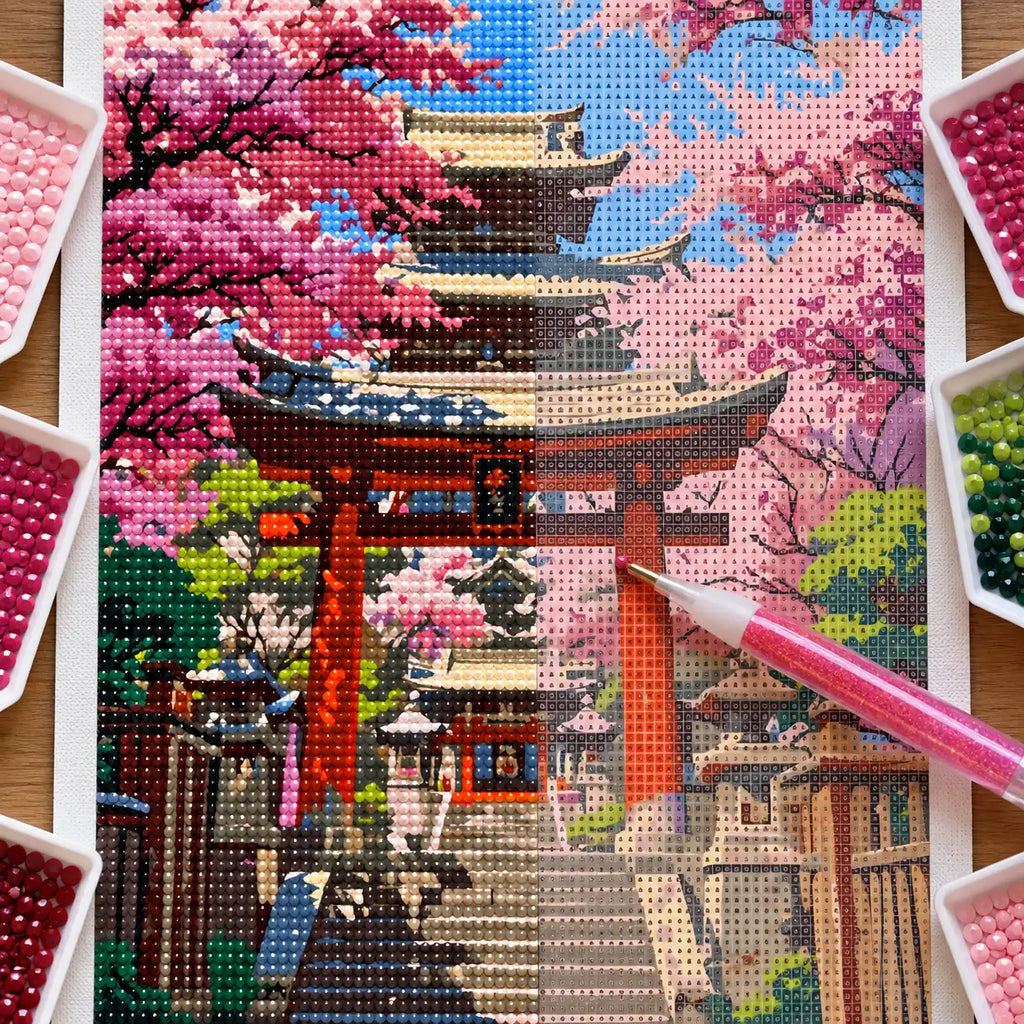 Diamond painting process for Path Through Cherry Blossoms Diamond Painting Kit