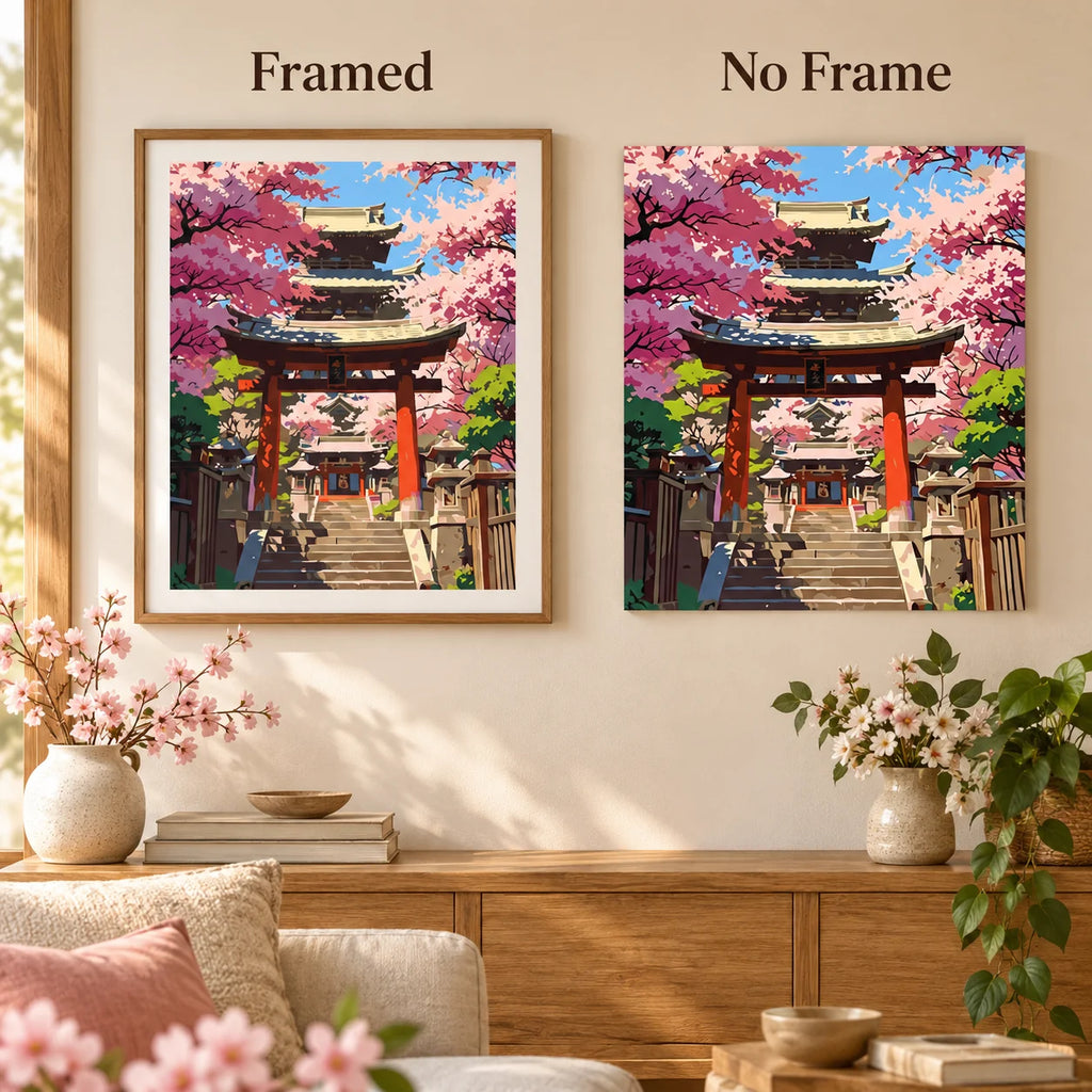 Framed and no-frame comparison for Path Through Cherry Blossoms Diamond Painting Kit